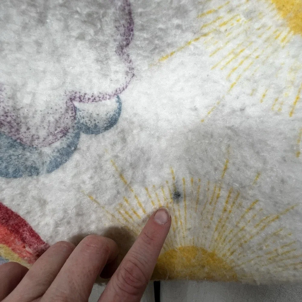 Vintage Rainbow‎ Cloud Sun Fleece Baby Blanket Lavender Satin Trim Retro Nursery